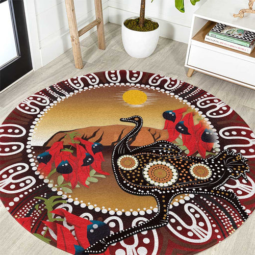 Sturt's Desert Pea And Emu Australia Round Carpet Uluru Aboriginal Art