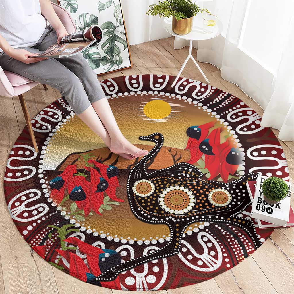 Sturt's Desert Pea And Emu Australia Round Carpet Uluru Aboriginal Art