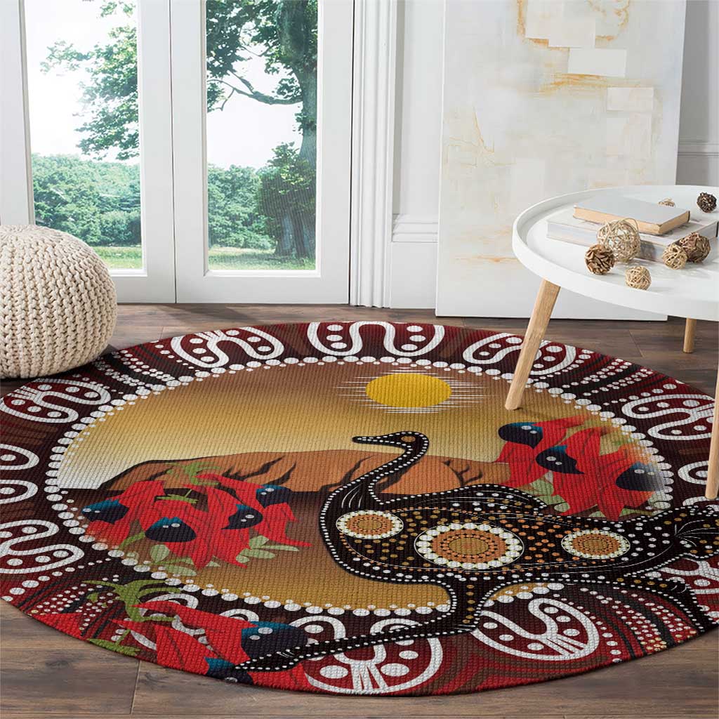 Sturt's Desert Pea And Emu Australia Round Carpet Uluru Aboriginal Art