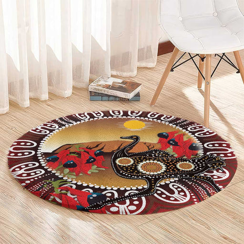 Sturt's Desert Pea And Emu Australia Round Carpet Uluru Aboriginal Art
