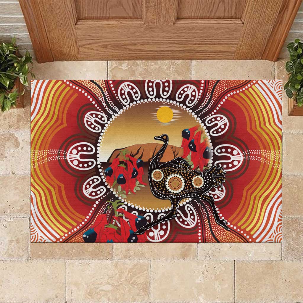 Sturt's Desert Pea And Emu Australia Rubber Doormat Uluru Aboriginal Art
