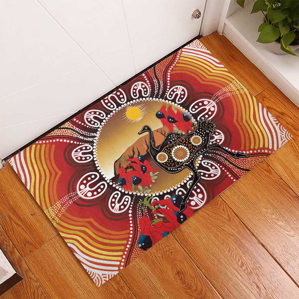 Sturt's Desert Pea And Emu Australia Rubber Doormat Uluru Aboriginal Art