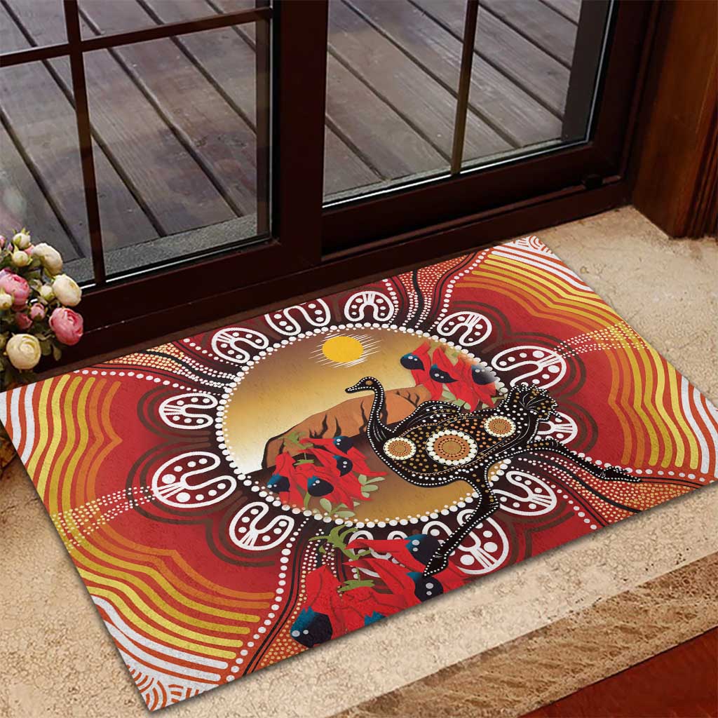 Sturt's Desert Pea And Emu Australia Rubber Doormat Uluru Aboriginal Art