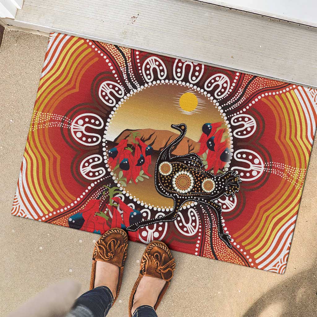 Sturt's Desert Pea And Emu Australia Rubber Doormat Uluru Aboriginal Art
