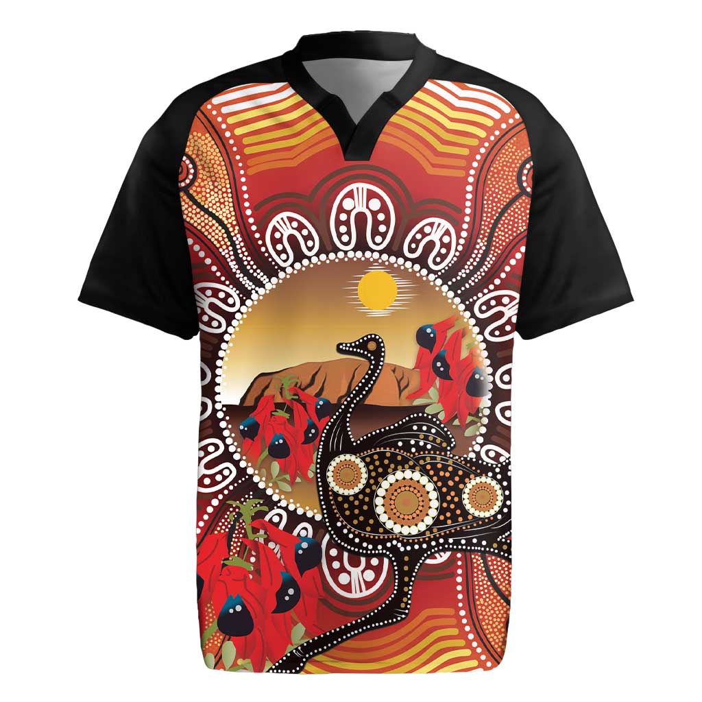 Sturt's Desert Pea And Emu Australia Rugby Jersey Uluru Aboriginal Art
