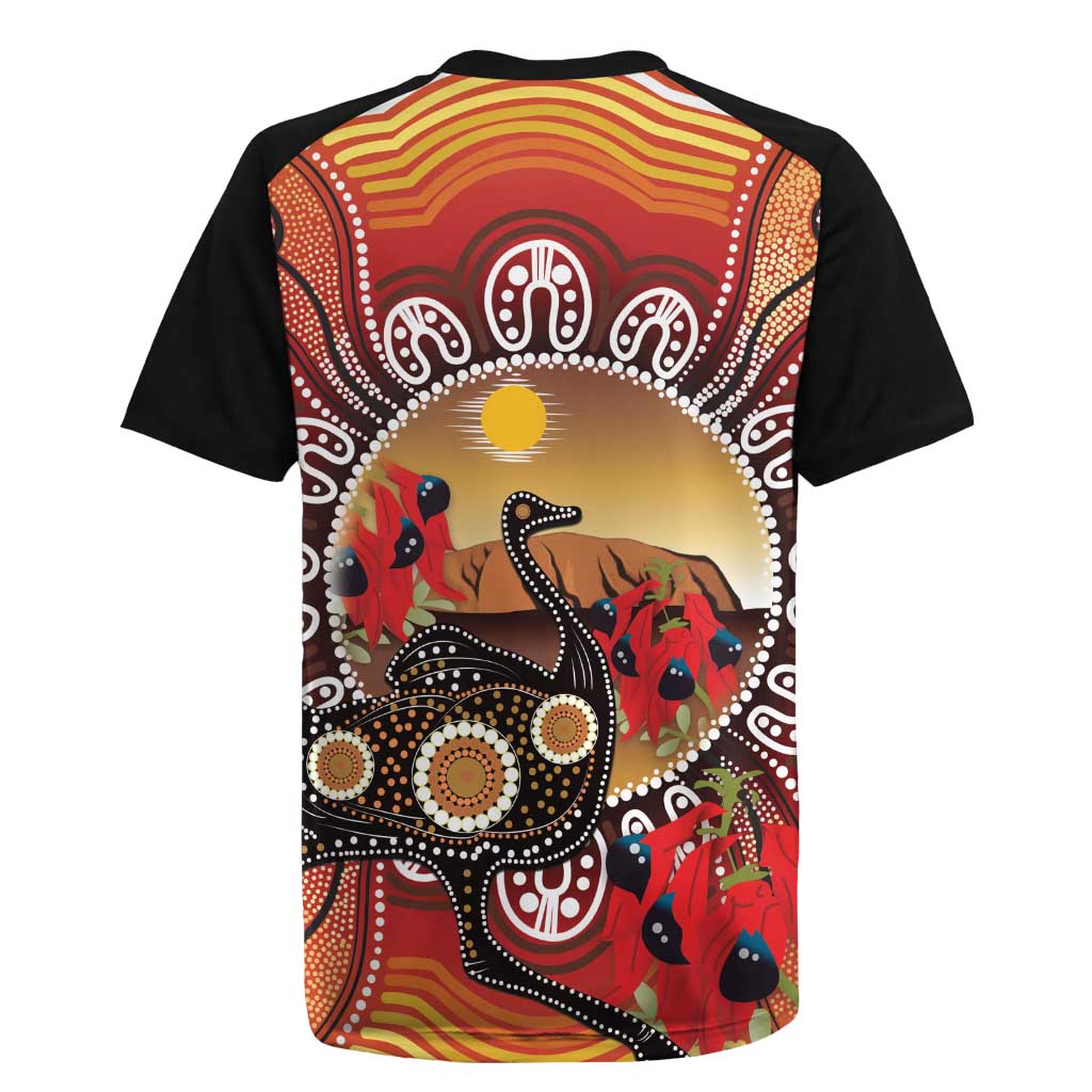 Sturt's Desert Pea And Emu Australia Rugby Jersey Uluru Aboriginal Art