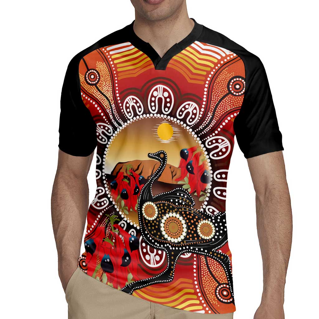 Sturt's Desert Pea And Emu Australia Rugby Jersey Uluru Aboriginal Art
