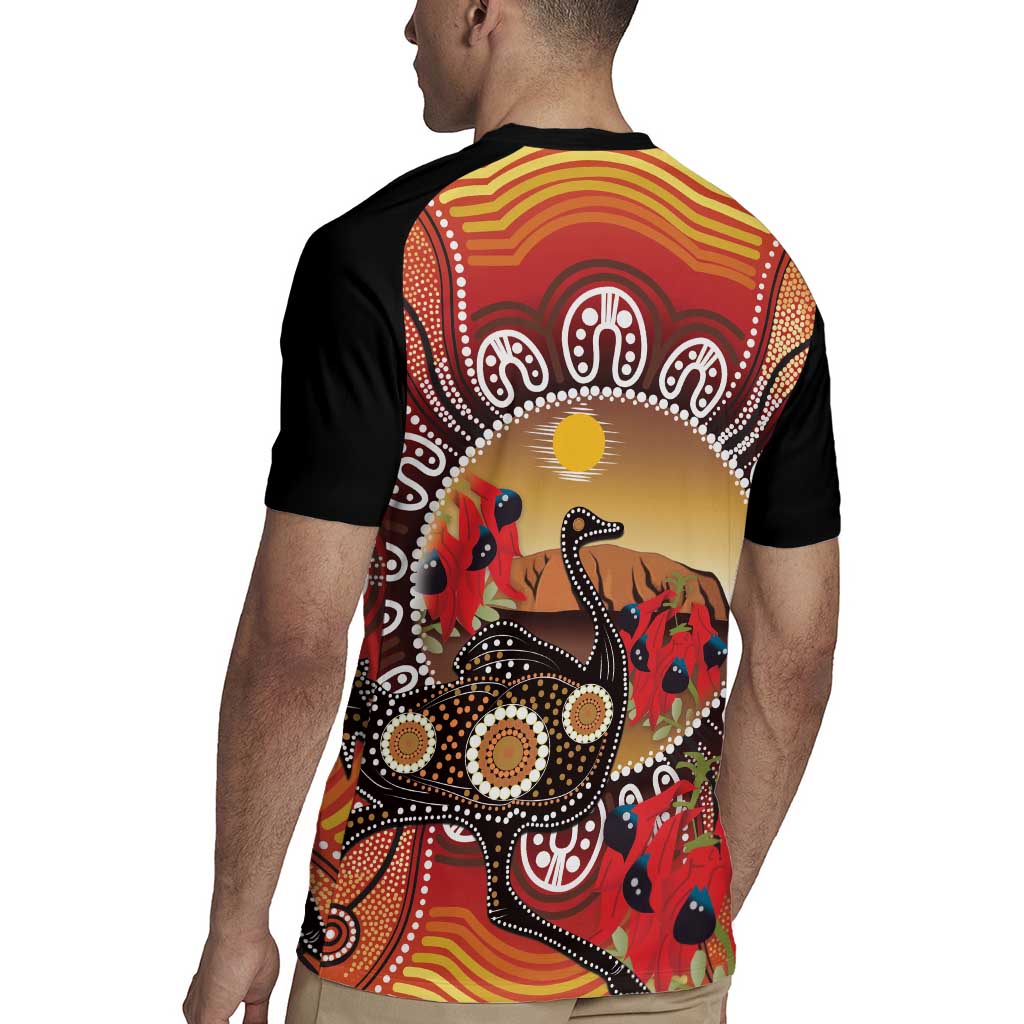 Sturt's Desert Pea And Emu Australia Rugby Jersey Uluru Aboriginal Art