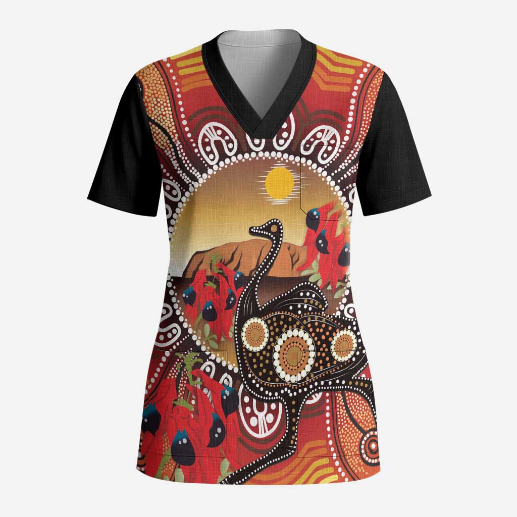 Sturt's Desert Pea And Emu Australia Scrub Top Uluru Aboriginal Art - Aussie Hoodie