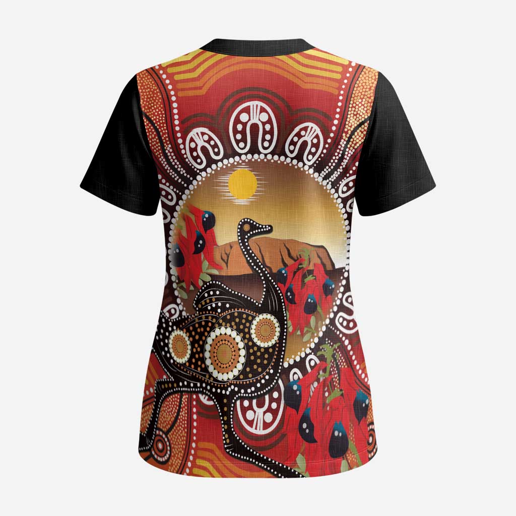 Sturt's Desert Pea And Emu Australia Scrub Top Uluru Aboriginal Art - Aussie Hoodie