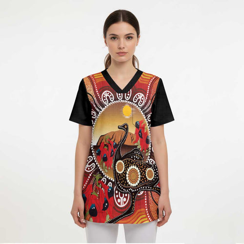 Sturt's Desert Pea And Emu Australia Scrub Top Uluru Aboriginal Art - Aussie Hoodie