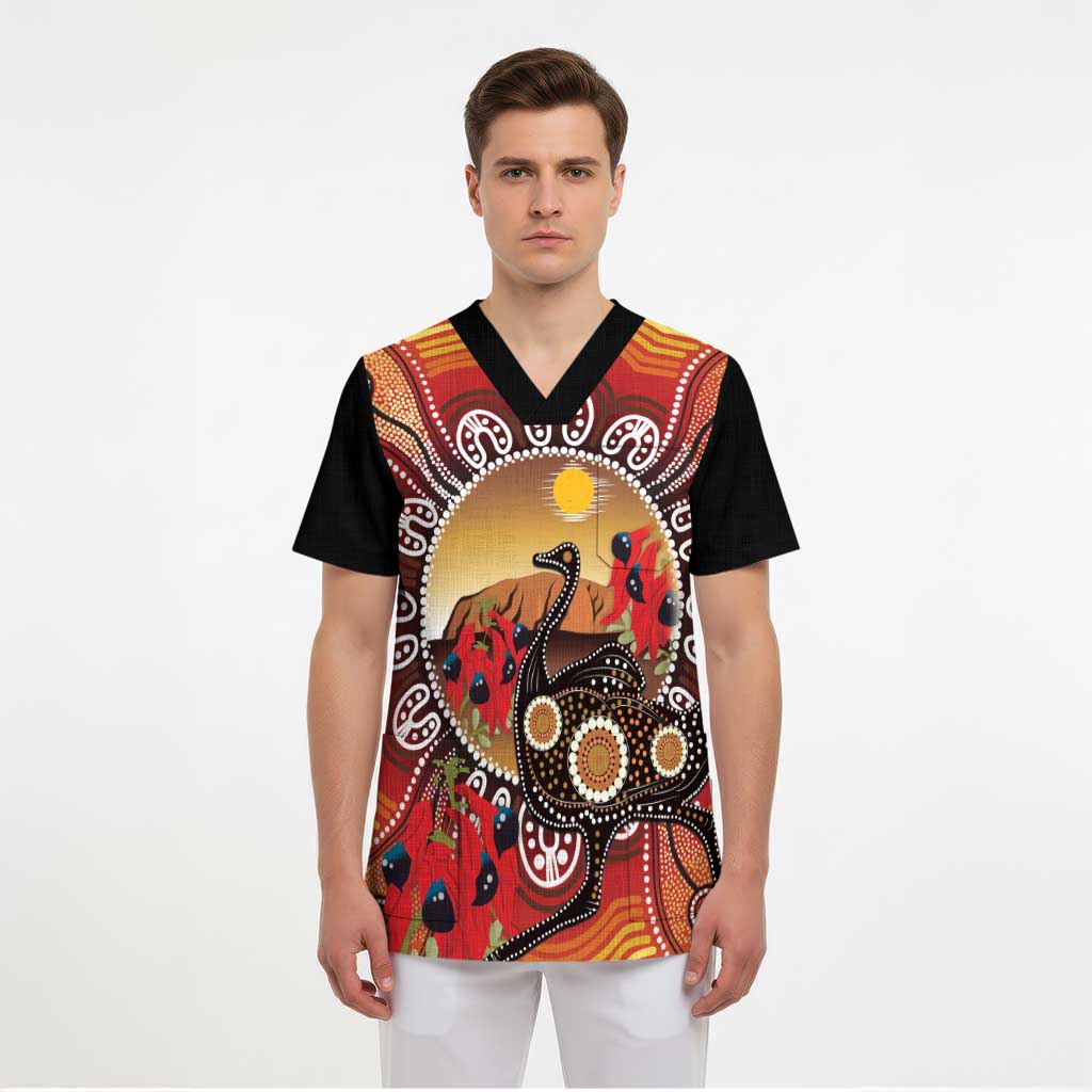 Sturt's Desert Pea And Emu Australia Scrub Top Uluru Aboriginal Art - Aussie Hoodie