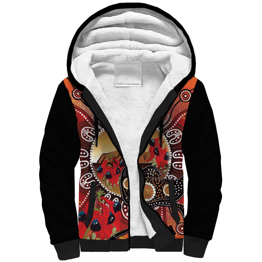 Sturt's Desert Pea And Emu Australia Sherpa Hoodie Uluru Aboriginal Art