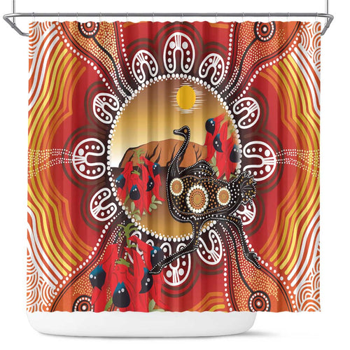 Sturt's Desert Pea And Emu Australia Shower Curtain Uluru Aboriginal Art