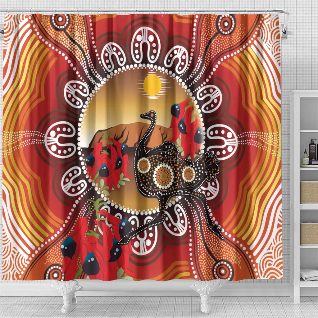 Sturt's Desert Pea And Emu Australia Shower Curtain Uluru Aboriginal Art