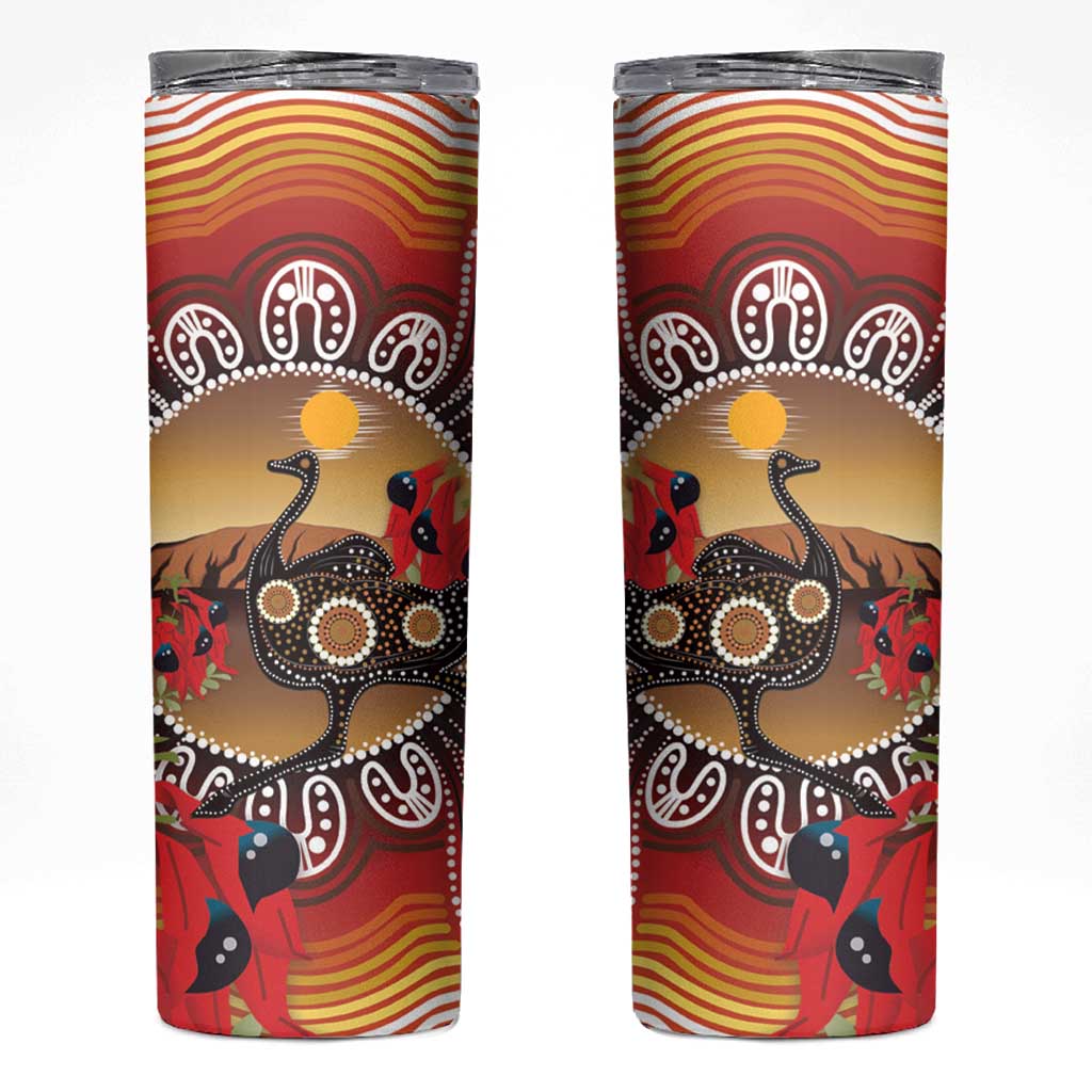 Sturt's Desert Pea And Emu Australia Skinny Tumbler Uluru Aboriginal Art
