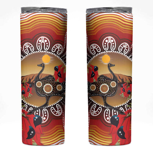 Sturt's Desert Pea And Emu Australia Skinny Tumbler Uluru Aboriginal Art