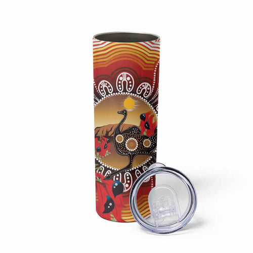 Sturt's Desert Pea And Emu Australia Skinny Tumbler Uluru Aboriginal Art