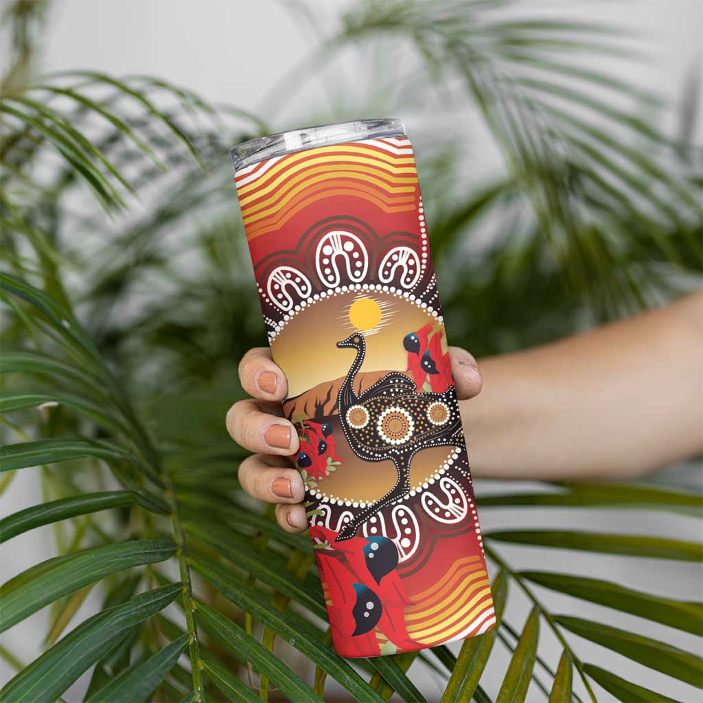 Sturt's Desert Pea And Emu Australia Skinny Tumbler Uluru Aboriginal Art