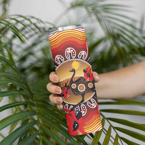 Sturt's Desert Pea And Emu Australia Skinny Tumbler Uluru Aboriginal Art