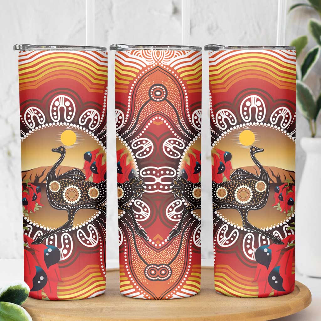 Sturt's Desert Pea And Emu Australia Skinny Tumbler Uluru Aboriginal Art