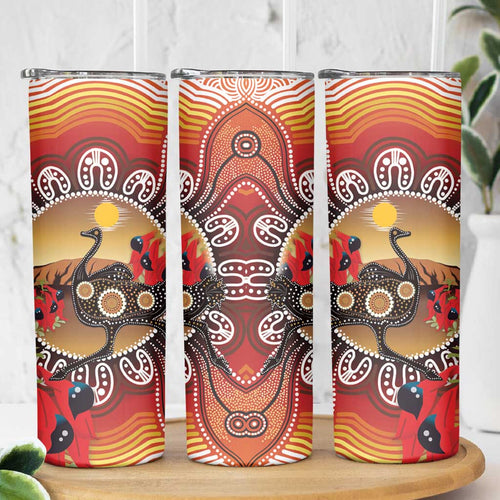 Sturt's Desert Pea And Emu Australia Skinny Tumbler Uluru Aboriginal Art
