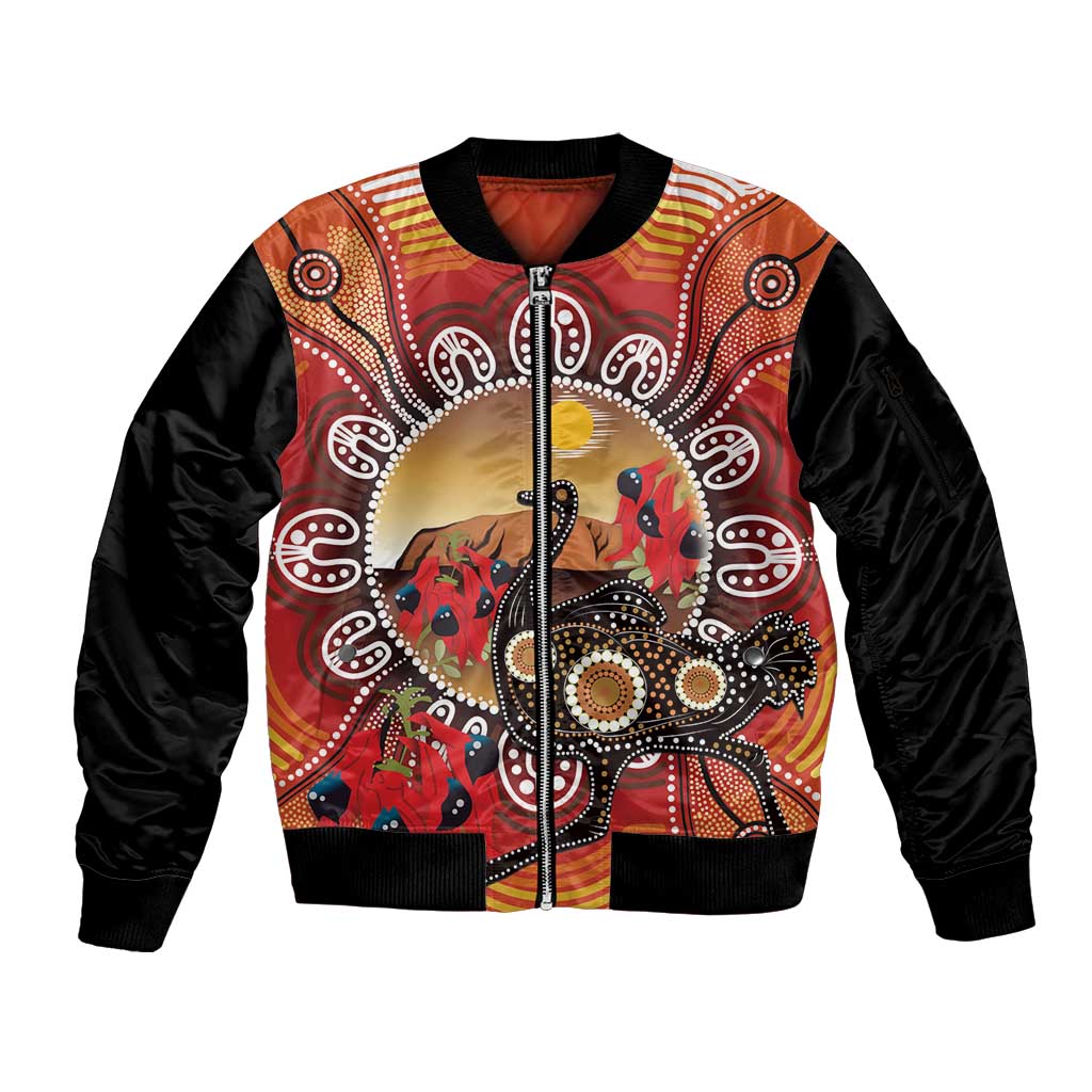Sturt's Desert Pea And Emu Australia Sleeve Zip Bomber Jacket Uluru Aboriginal Art
