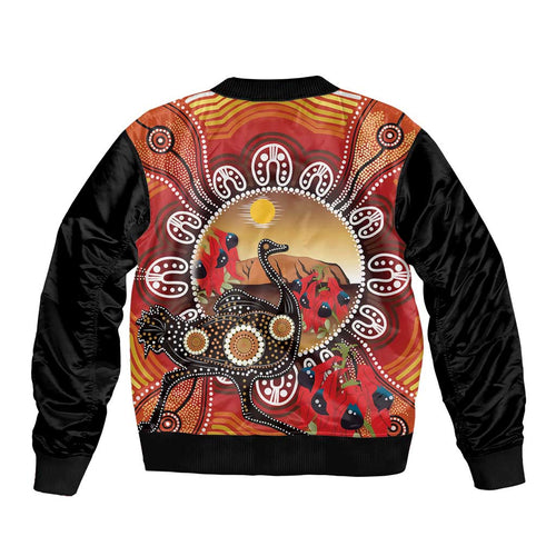Sturt's Desert Pea And Emu Australia Sleeve Zip Bomber Jacket Uluru Aboriginal Art