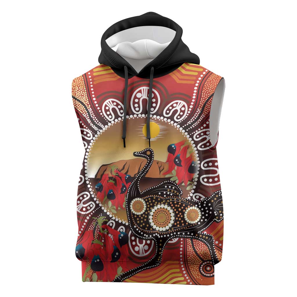 Sturt's Desert Pea And Emu Australia Sleeveless Hoodie Uluru Aboriginal Art - Aussie Hoodie