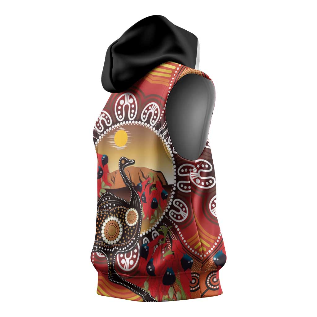 Sturt's Desert Pea And Emu Australia Sleeveless Hoodie Uluru Aboriginal Art - Aussie Hoodie