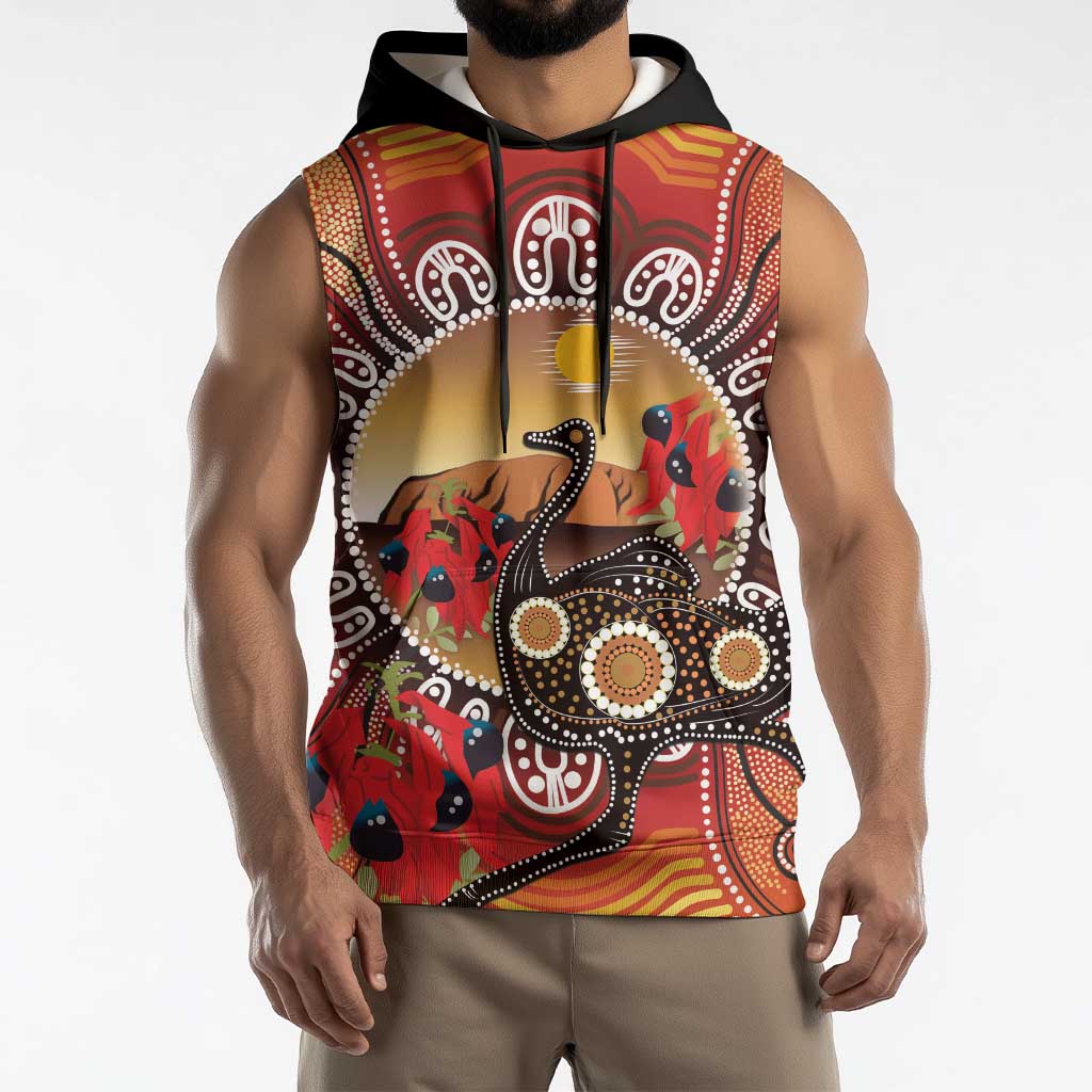 Sturt's Desert Pea And Emu Australia Sleeveless Hoodie Uluru Aboriginal Art - Aussie Hoodie