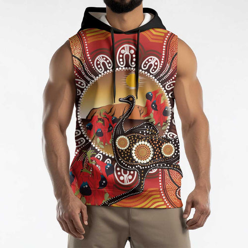 Sturt's Desert Pea And Emu Australia Sleeveless Hoodie Uluru Aboriginal Art - Aussie Hoodie