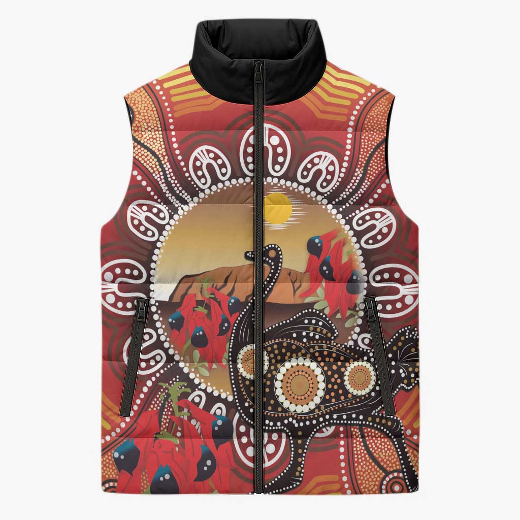 Sturt's Desert Pea And Emu Australia Sleeveless Puffer Jacket Uluru Aboriginal Art - Aussie Hoodie