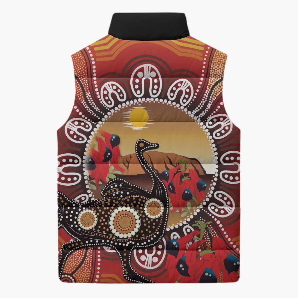 Sturt's Desert Pea And Emu Australia Sleeveless Puffer Jacket Uluru Aboriginal Art - Aussie Hoodie