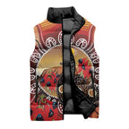 Sturt's Desert Pea And Emu Australia Sleeveless Puffer Jacket Uluru Aboriginal Art - Aussie Hoodie