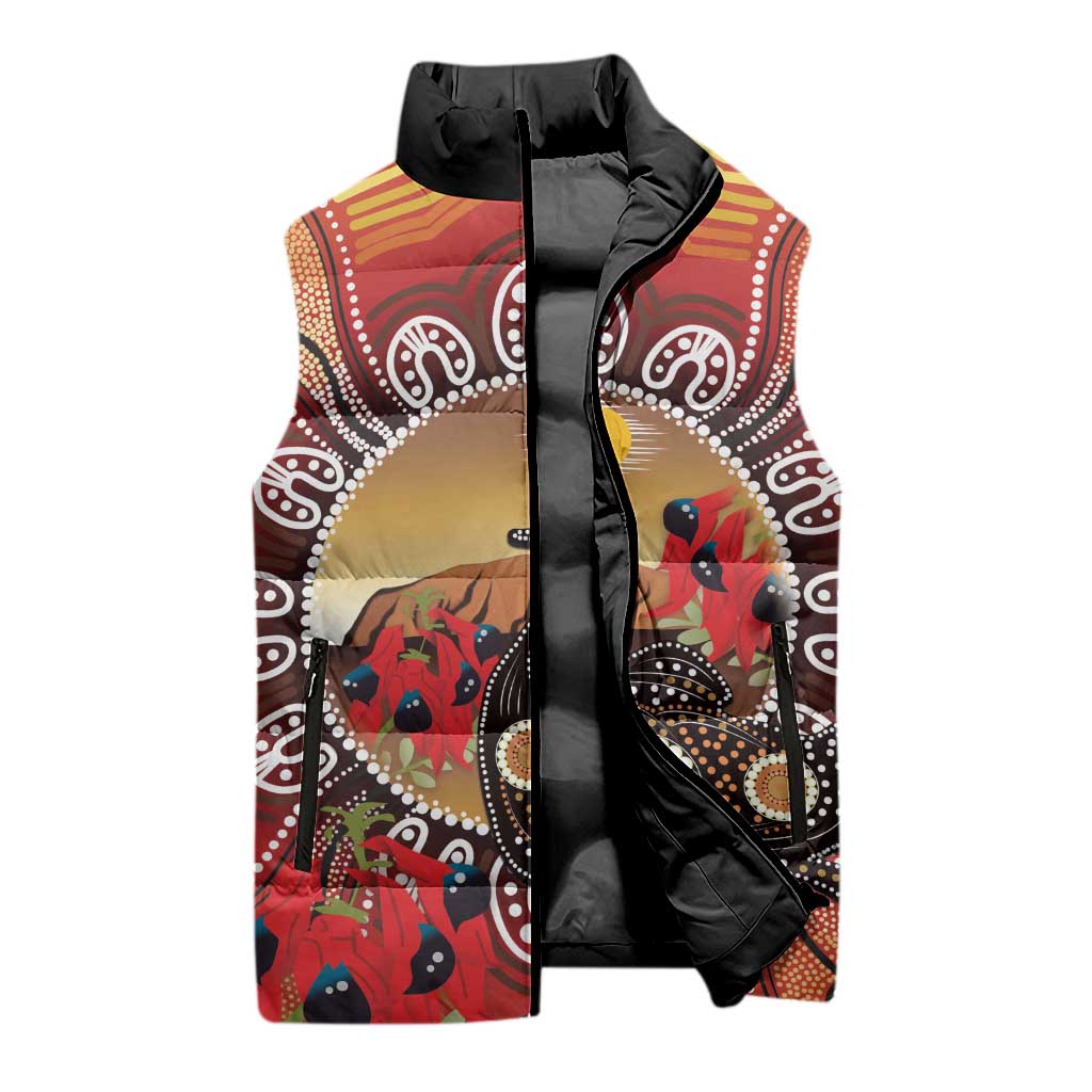 Sturt's Desert Pea And Emu Australia Sleeveless Puffer Jacket Uluru Aboriginal Art - Aussie Hoodie