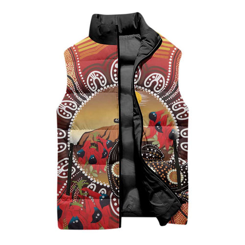 Sturt's Desert Pea And Emu Australia Sleeveless Puffer Jacket Uluru Aboriginal Art - Aussie Hoodie