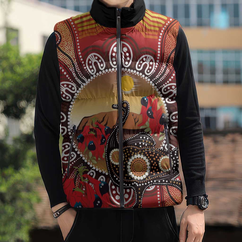 Sturt's Desert Pea And Emu Australia Sleeveless Puffer Jacket Uluru Aboriginal Art - Aussie Hoodie