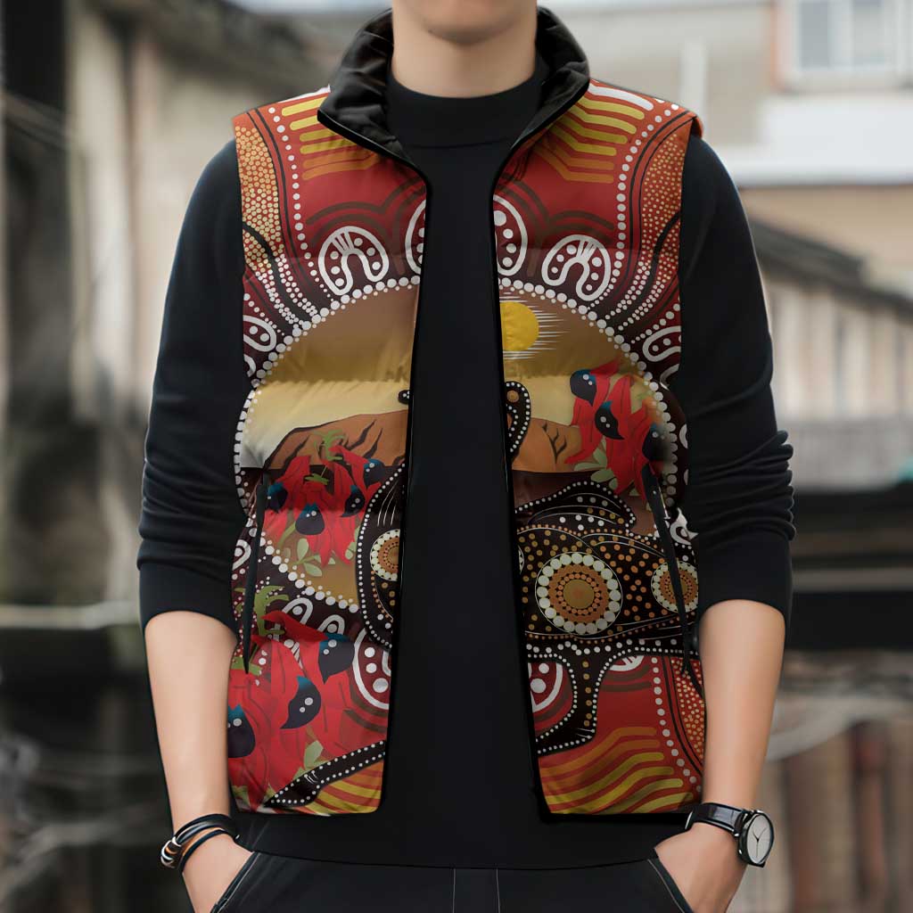 Sturt's Desert Pea And Emu Australia Sleeveless Puffer Jacket Uluru Aboriginal Art - Aussie Hoodie