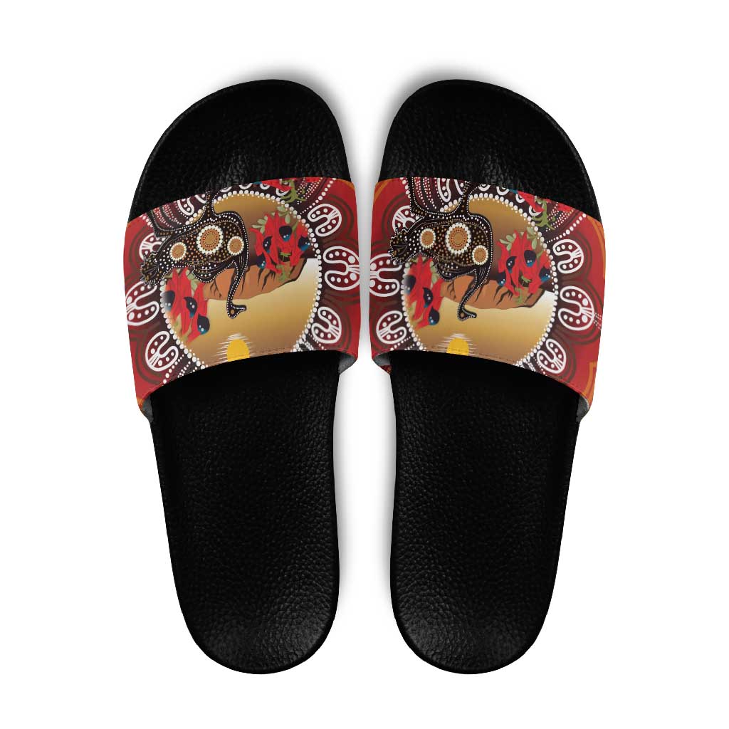 Sturt's Desert Pea And Emu Australia Slide Sandals Uluru Aboriginal Art - Aussie Hoodie