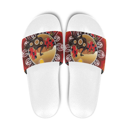 Sturt's Desert Pea And Emu Australia Slide Sandals Uluru Aboriginal Art - Aussie Hoodie