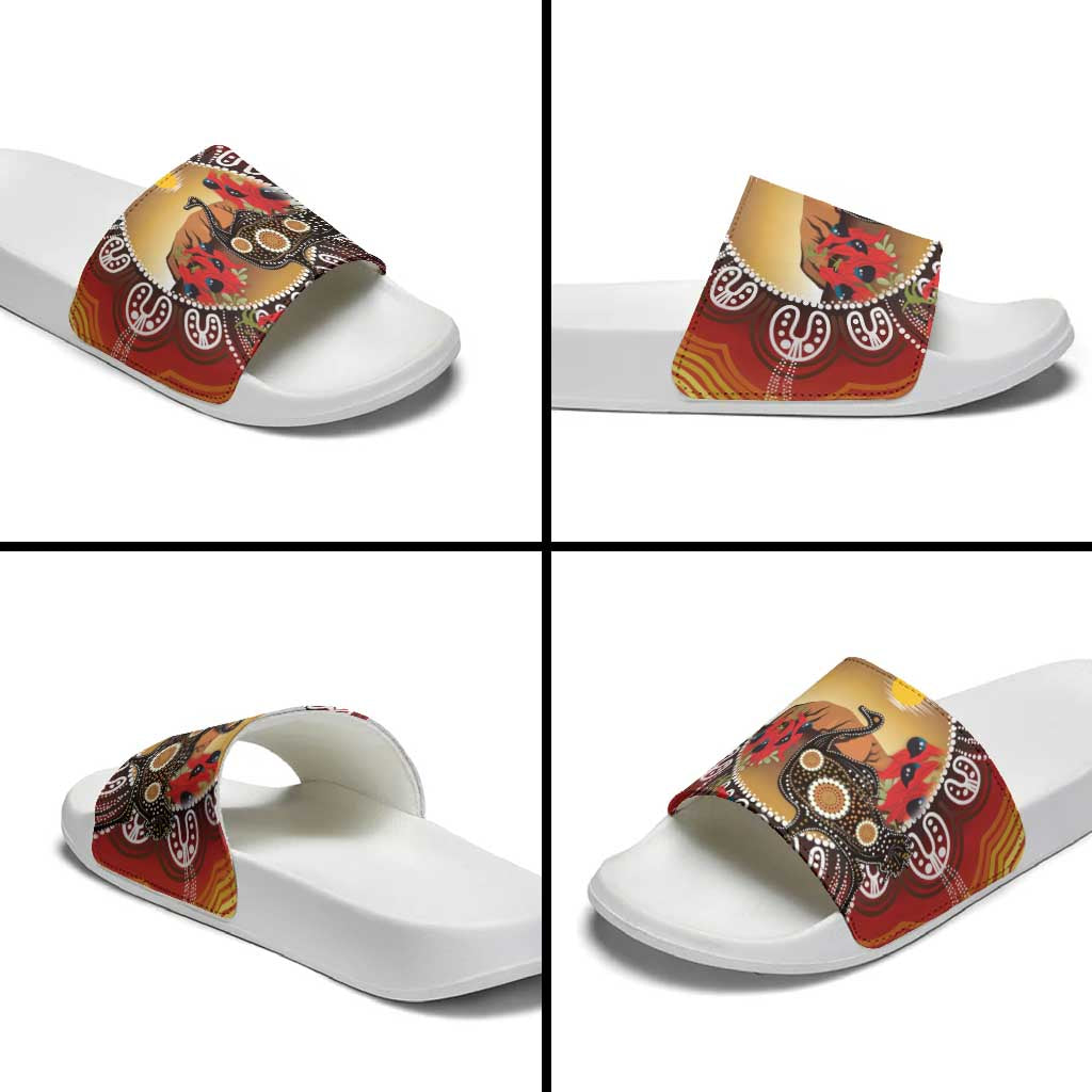 Sturt's Desert Pea And Emu Australia Slide Sandals Uluru Aboriginal Art - Aussie Hoodie