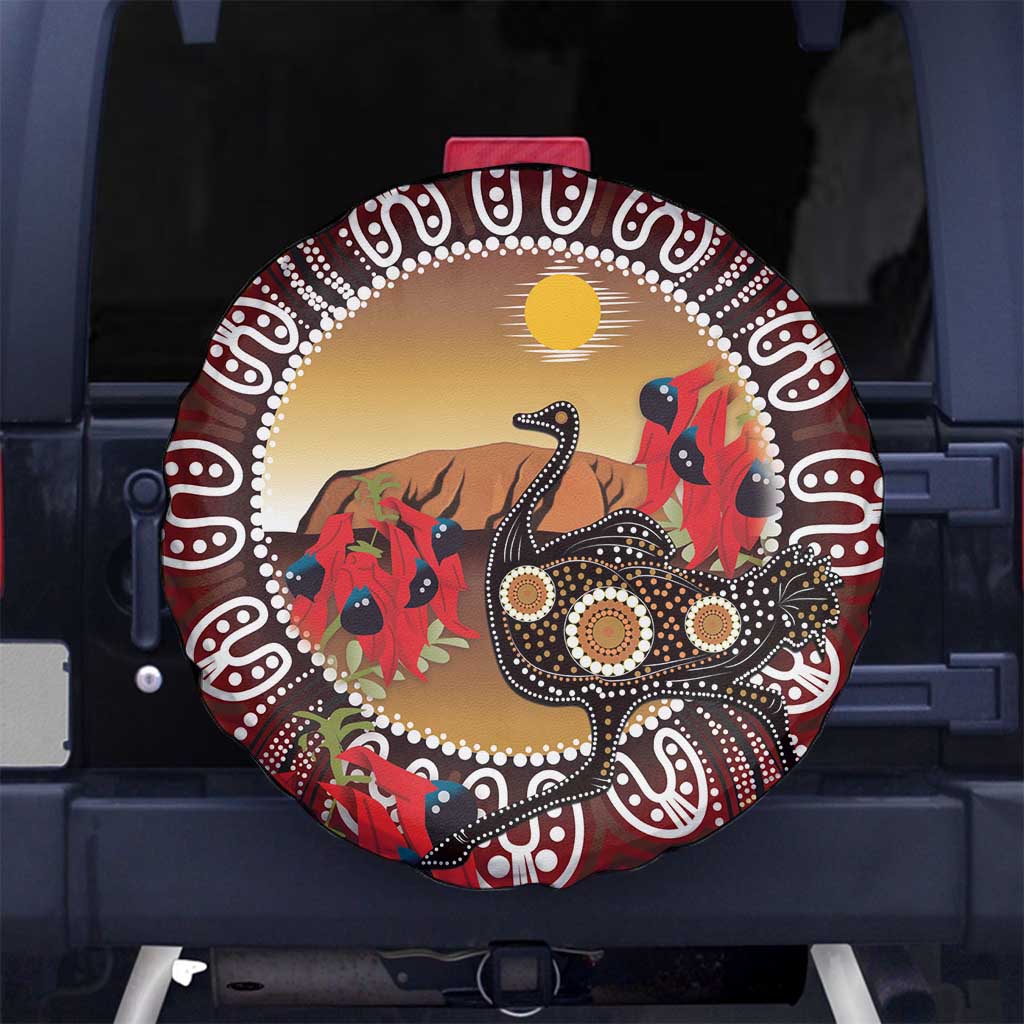 Sturt's Desert Pea And Emu Australia Spare Tire Cover Uluru Aboriginal Art