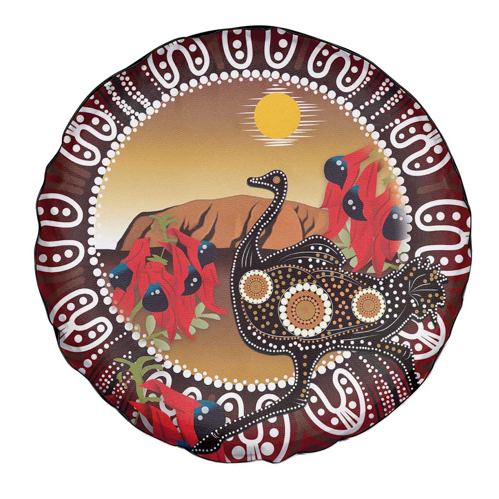 Sturt's Desert Pea And Emu Australia Spare Tire Cover Uluru Aboriginal Art