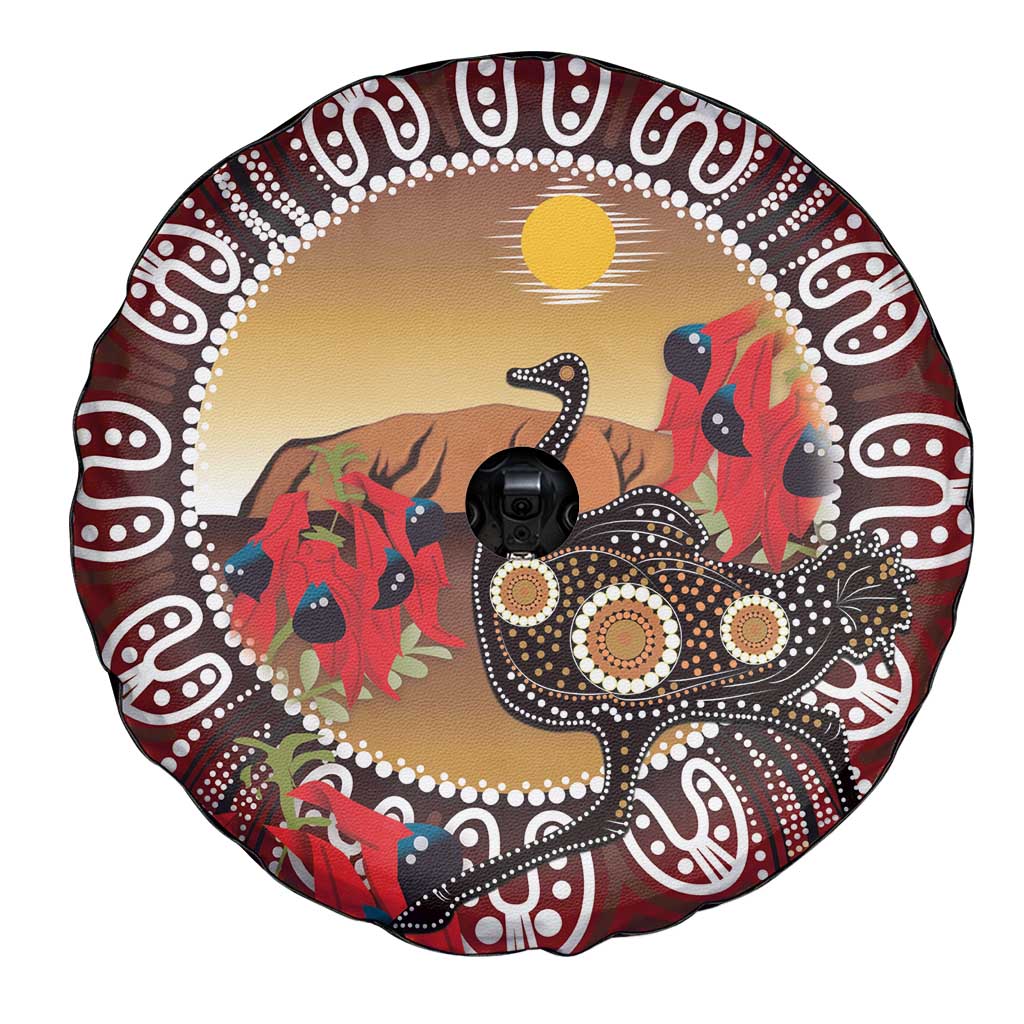 Sturt's Desert Pea And Emu Australia Spare Tire Cover Uluru Aboriginal Art
