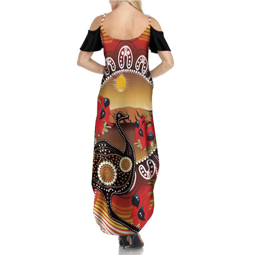 Sturt's Desert Pea And Emu Australia Summer Maxi Dress Uluru Aboriginal Art