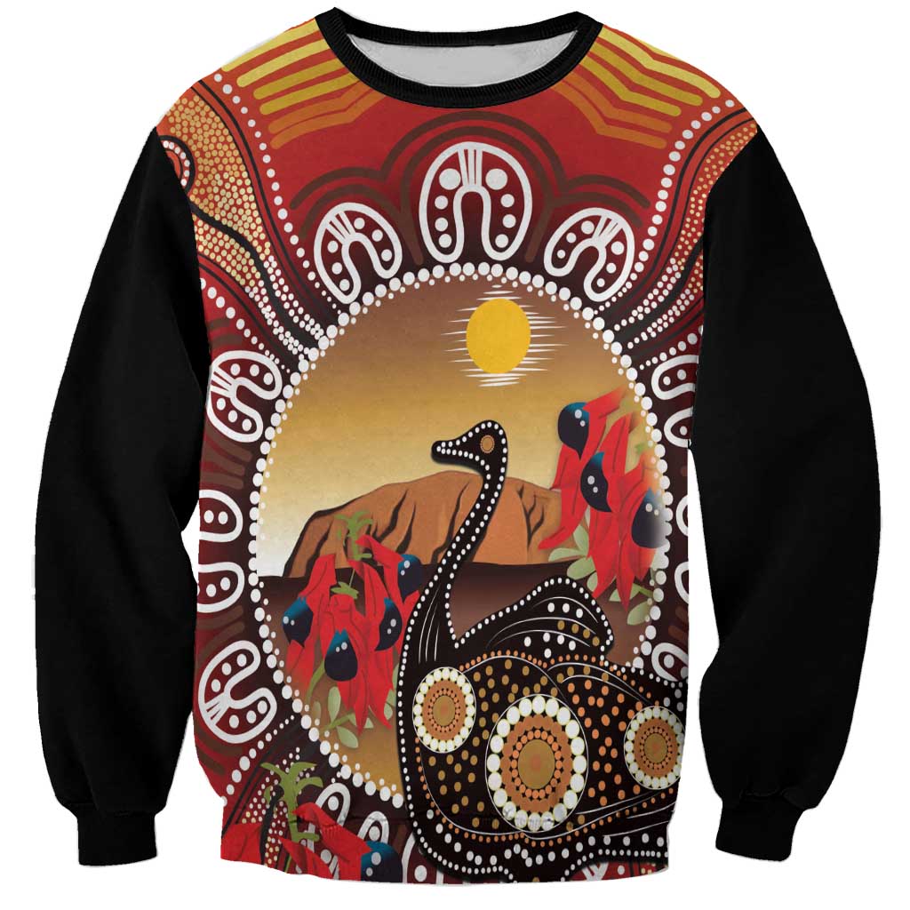 Sturt's Desert Pea And Emu Australia Sweatshirt Uluru Aboriginal Art