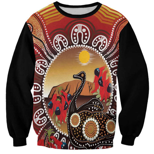 Sturt's Desert Pea And Emu Australia Sweatshirt Uluru Aboriginal Art