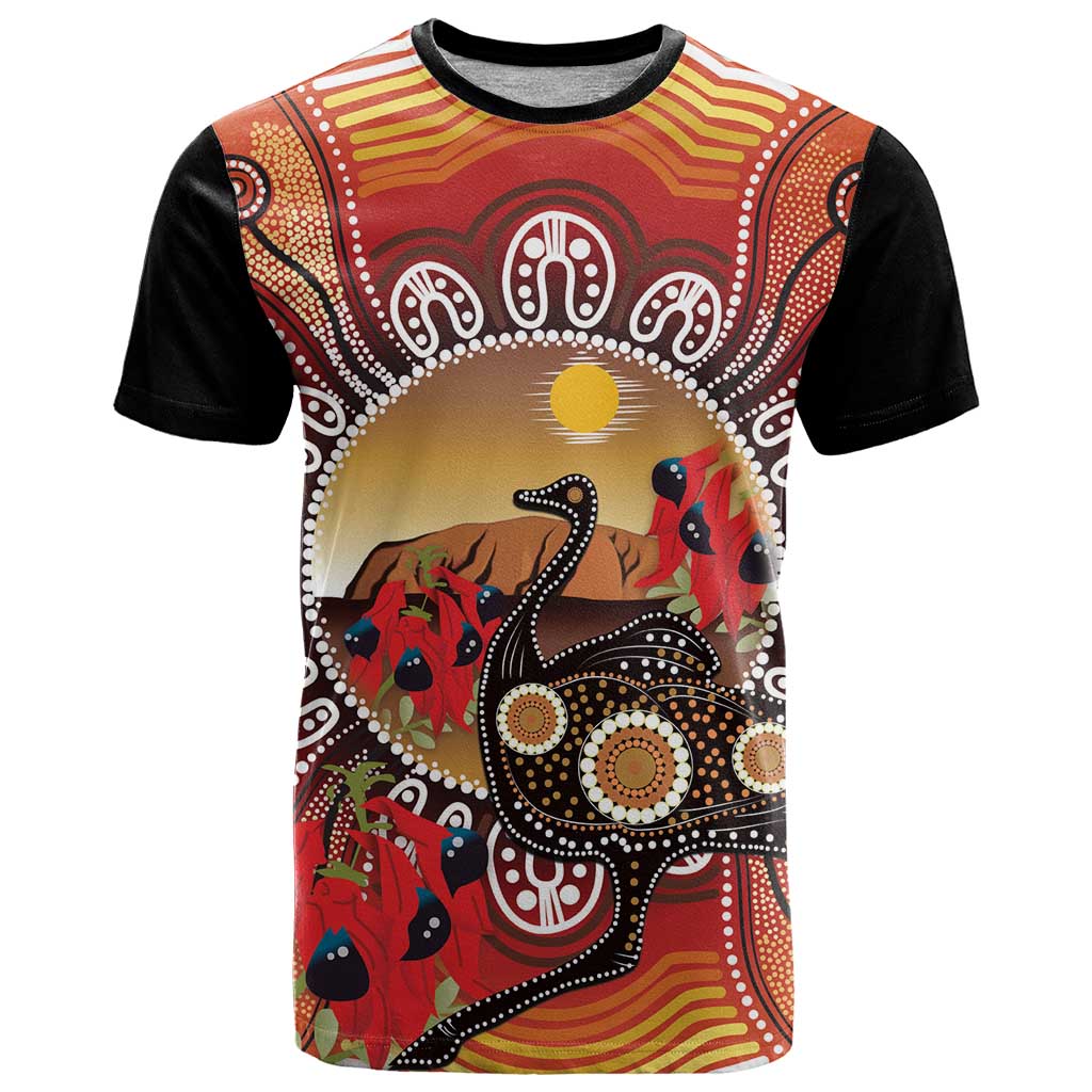 Sturt's Desert Pea And Emu Australia T Shirt Uluru Aboriginal Art