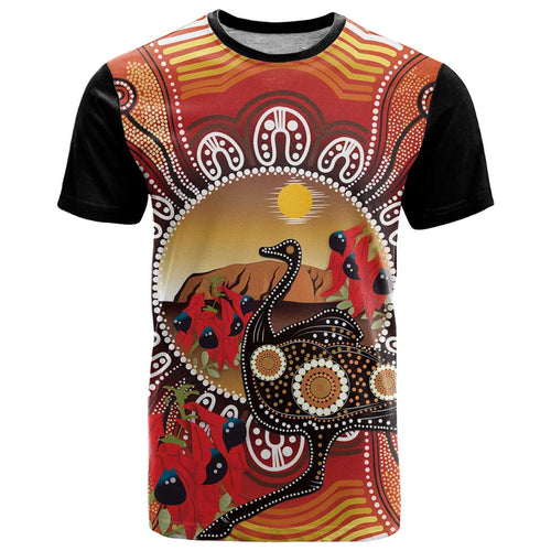 Sturt's Desert Pea And Emu Australia T Shirt Uluru Aboriginal Art